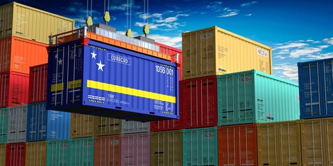 Fototapeta premium Freight shipping container with flag of Curacao on crane hook - 3D illustration