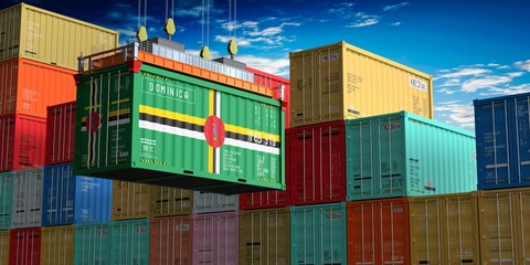 Fototapeta premium Freight shipping container with flag of Dominica on crane hook - 3D illustration