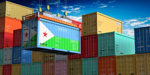 Fototapeta premium Freight shipping container with flag of Djibouti on crane hook - 3D illustration
