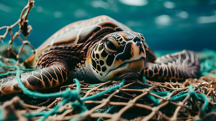 A turtle caught in a fishing net highlights the problem of marine life affected by human waste