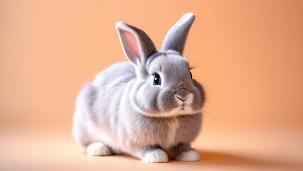 Obraz premium Cute rabbit and colorful Easter eggs on peach fuzz background, happy Easter concept