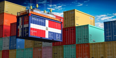 Fototapeta premium Freight shipping container with flag of Dominican Republic on crane hook - 3D illustration