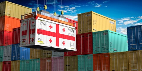 Fototapeta premium Freight shipping container with flag of Georgia on crane hook - 3D illustration