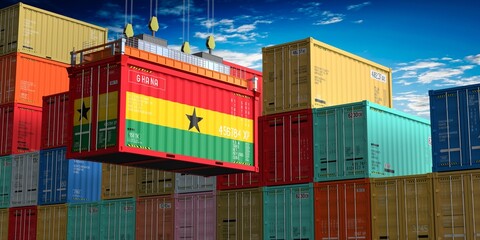 Freight shipping container with flag of Ghana on crane hook - 3D illustration