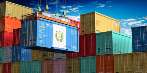 Freight shipping container with flag of Guatemala on crane hook - 3D illustration - obrazy, fototapety, plakaty