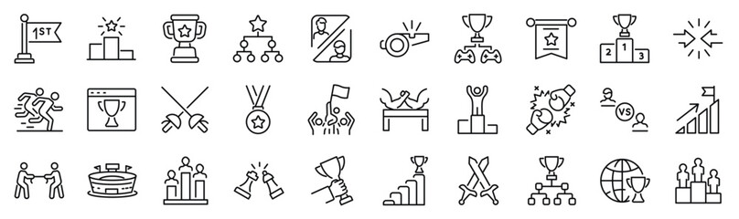 Set of 30 outline icons related to competition. Linear icon collection. Editable stroke. Vector illustration