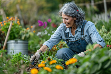 Senior Woman Gardening in Lush Garden. Generative AI