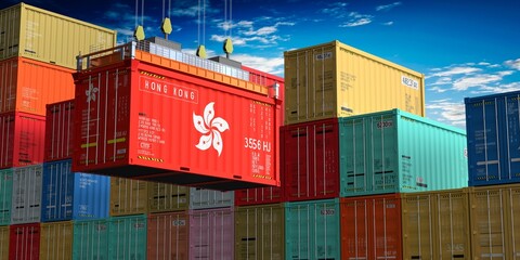 Freight shipping container with flag of Hong Kong on crane hook - 3D illustration