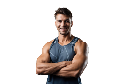 Personal trainer with is arms crossed, isolated in white.