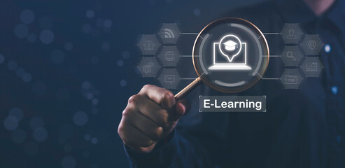 Concept of digital learning or online video course, business webinars, employee training, personal development. E-learning education encompasses internet lessons and knowledge-based home schooling.