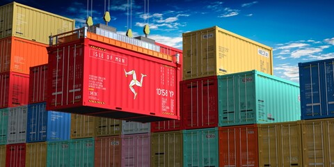Freight shipping container with flag of Isle of Man on crane hook - 3D illustration