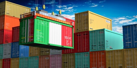 Fototapeta premium Freight shipping container with flag of Italy on crane hook - 3D illustration