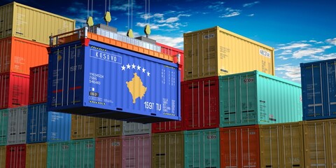 Fototapeta premium Freight shipping container with flag of Kosovo on crane hook - 3D illustration