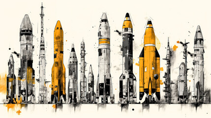 An intriguing watercolor sketch featuring rockets and shells outlined - obrazy, fototapety, plakaty