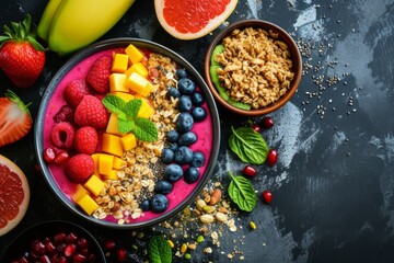 Colorful fruit smoothie bowl topped with mango, berries, and granola on grey textured background with copy space, flat lay