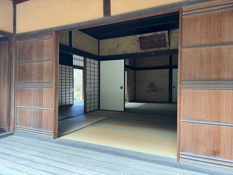 Historical building at a Japanese palace garden. Photo taken at Shugakuin Imperial Villa of Kyoto, Japan on a sunny day in winter.