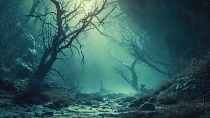 A dark and eerie forest with fog, dead trees, and a figure in the distance.