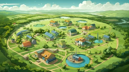Fototapeten A cartoon depiction of a small town with a central waterway, surrounded by green fields, forests, and mountains in the background. © ProPhotos