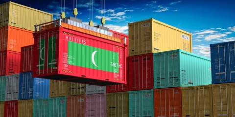 Freight shipping container with flag of Maldives on crane hook - 3D illustration