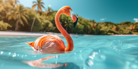 Rosa Flamingo schwimmt auf dem Meer - obrazy, fototapety, plakaty