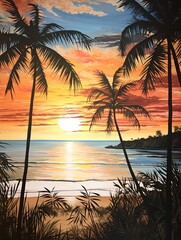 Fototapeta na wymiar Silhouetted Palm Beaches: Acrylic Landscape Art Showcasing Nature's Beauty