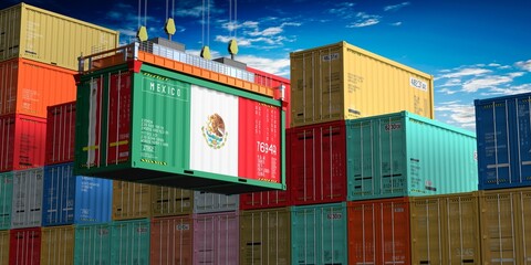 Freight shipping container with flag of Mexico on crane hook - 3D illustration