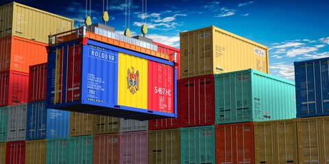 Freight shipping container with flag of Moldova on crane hook - 3D illustration