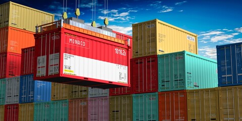 Freight shipping container with flag of Monaco on crane hook - 3D illustration