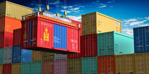 Freight shipping container with flag of Mongolia on crane hook - 3D illustration