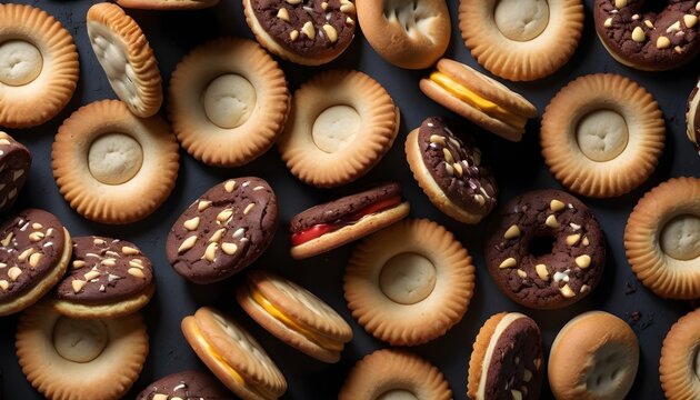 Variety of Chocolate, cream and almond cookies and biscuits 
