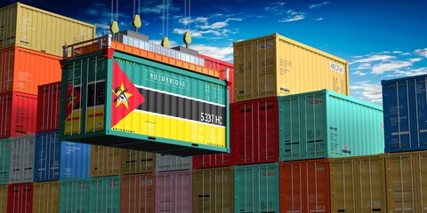 Freight shipping container with flag of Mozambique on crane hook - 3D illustration
