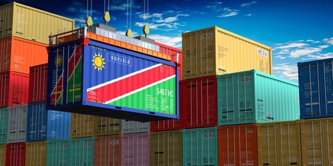 Freight shipping container with flag of Namibia on crane hook - 3D illustration