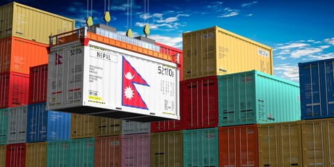 Freight shipping container with flag of Nepal on crane hook - 3D illustration