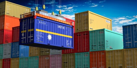 Freight shipping container with flag of Nauru on crane hook - 3D illustration