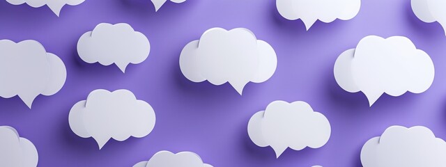 White paper in the shape of speech bubbles against a purple background. Communication bubbles