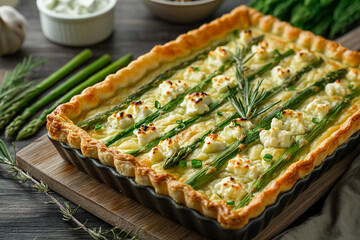 Baking dish filled green asparagus tart with feta cheese.