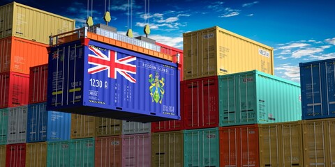 Freight shipping container with flag of Pitcairn Islands on crane hook - 3D illustration