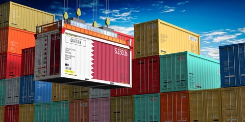 Freight shipping container with flag of Qatar on crane hook - 3D illustration
