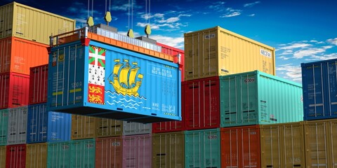 Freight shipping container with flag of Saint Pierre and Miquelon on crane hook - 3D illustration