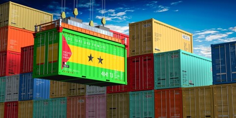 Freight shipping container with flag of Sao Tome and Principe on crane hook - 3D illustration