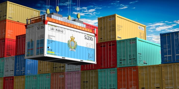 Freight shipping container with flag of San Marino on crane hook - 3D illustration