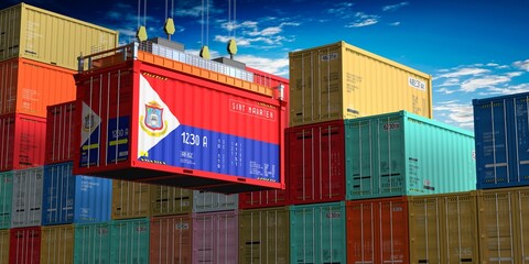 Freight shipping container with flag of Sint Maarten on crane hook - 3D illustration