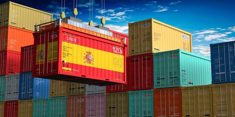 Freight shipping container with flag of Spain on crane hook - 3D illustration