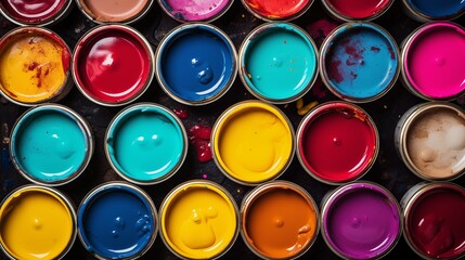 Colorful Array of Paint Cans Top View, Artistic Creativity and Home Improvement Concept, photograph. Paint spaced in a orderly format diplaying multiple colors.