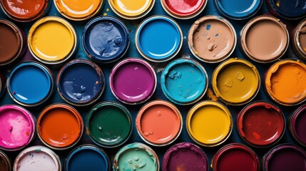 Colorful Array of Paint Cans Top View, Artistic Creativity and Home Improvement Concept, photograph. Paint spaced in a orderly format diplaying multiple colors.