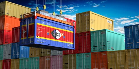 Freight shipping container with flag of Eswatini on crane hook - 3D illustration