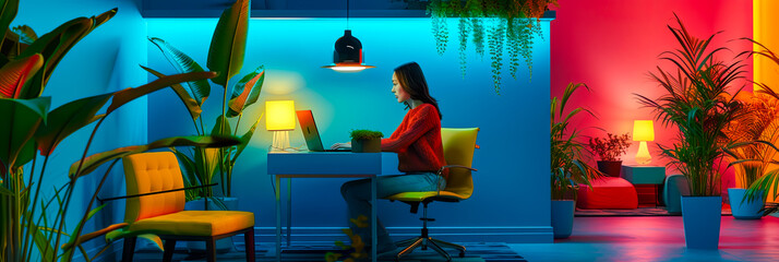 Lebendiges Porträt einer Frau, die an einem Laptop in einem futuristischen Arbeitsbereich arbeitet, Schreibtisch und Büro sehr modern eingerichtet und mit Pflanzen dekoriert.