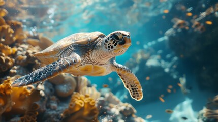 A sea turtle swims gracefully by a coral reef, the ocean depths lit by sunlight.