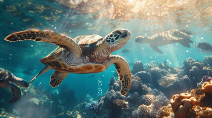 A sea turtle soars in clear ocean waters, with a coral reef below and sunbeams above.