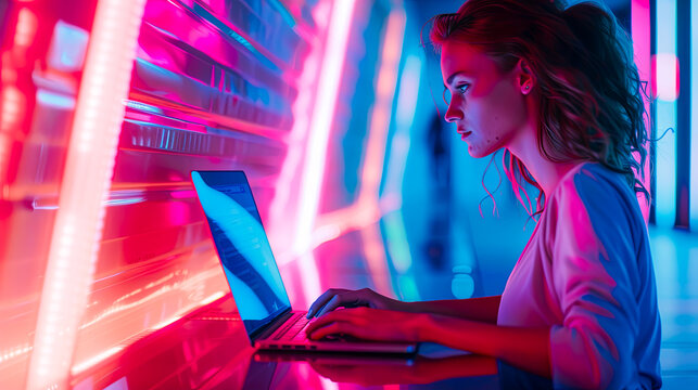 Lebendiges Portr&auml;t einer Frau, die an einem Laptop in einem futuristischen Arbeitsbereich arbeitet, Schreibtisch und B&uuml;ro sehr modern eingerichtet und mit Pflanzen dekoriert.